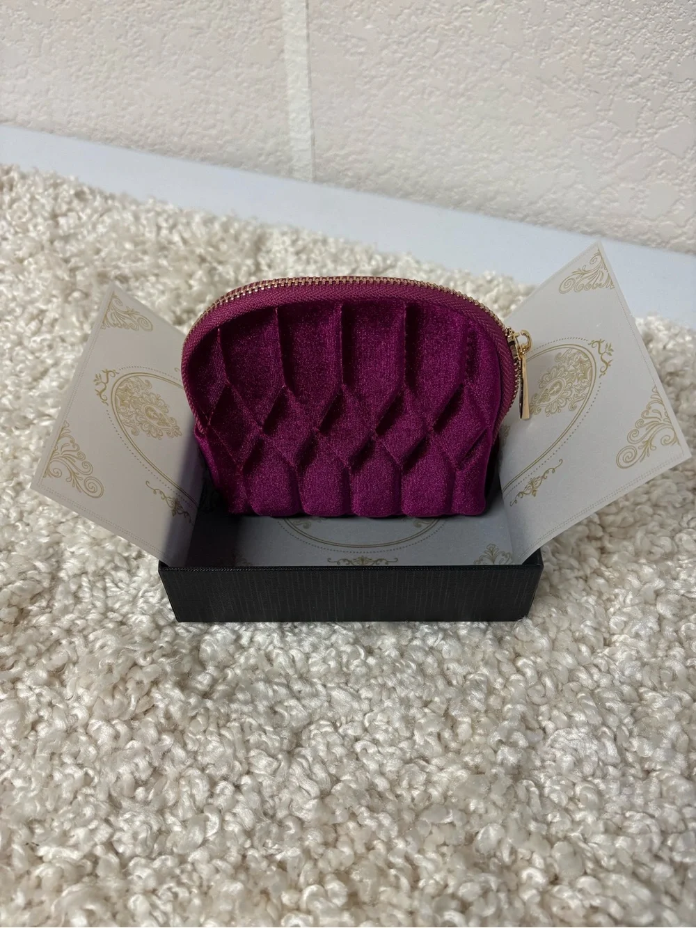 Plush Quilted Velvet Jewelry Pouch - Deep Berry
